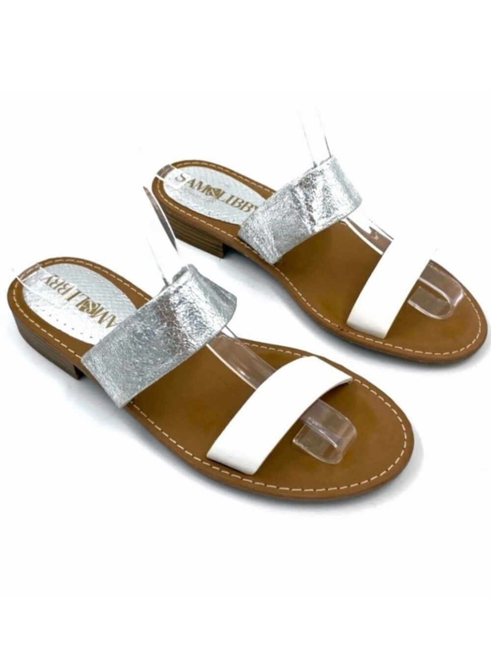 SAM & LIBBY NWOB Silver and White Slides Sz 8.5